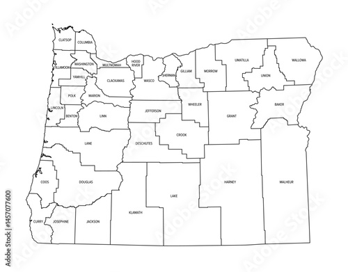 State of Oregon, subdivided into 36 counties, outline map. State in the Pacific Northwest region of the United States, nicknamed The Beaver State. Map with county names and borders. Isolated. Vector
