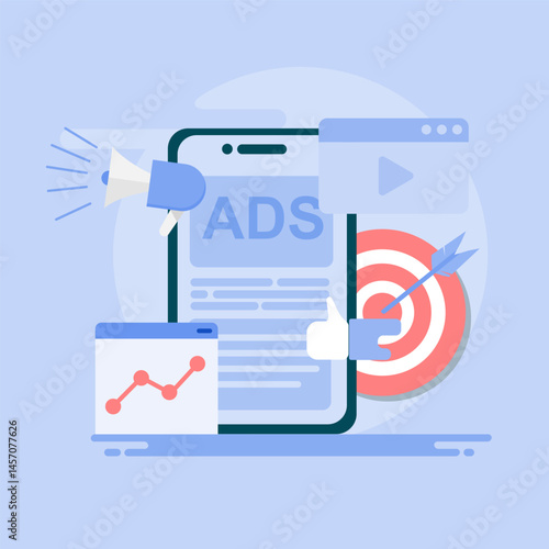 Mobile advertising strategies and programmatic targeting for mobile devices. Illustration of advertising on mobile.