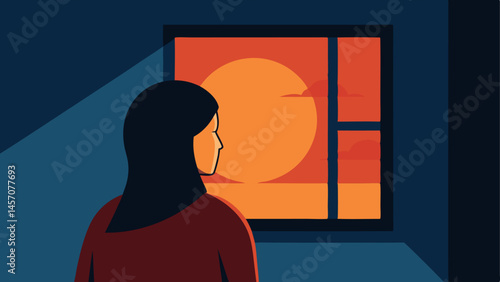 Brighter Days Ahead A woman gazing out of a window seeing a bright sunrise. The contrast between the dark room and the light outside signifies hope and new beginnings.