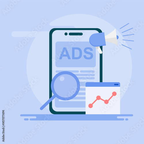 Mobile advertising strategies and programmatic targeting for mobile devices. Illustration of advertising on mobile.