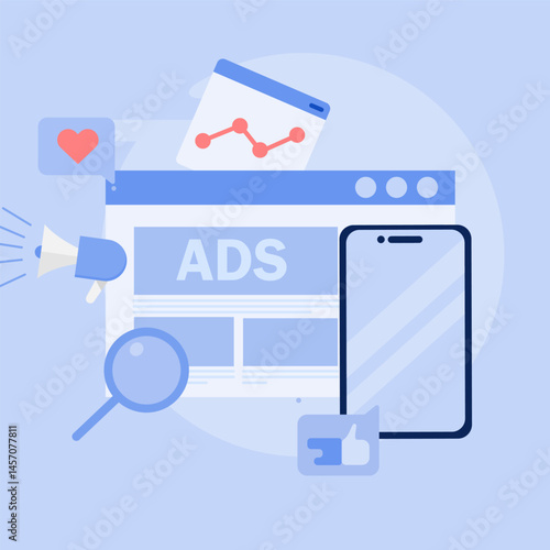 Mobile advertising strategies and programmatic targeting for mobile devices. Illustration of advertising on mobile.