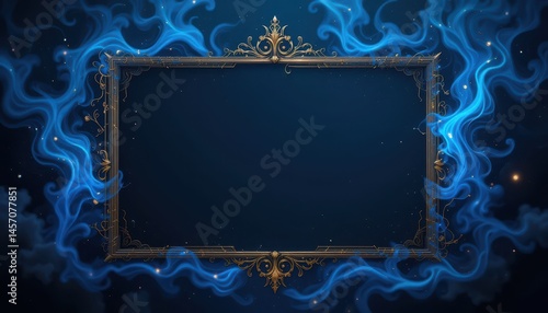 Ornate Golden Frame Enveloped in Blue Mystic Smoke