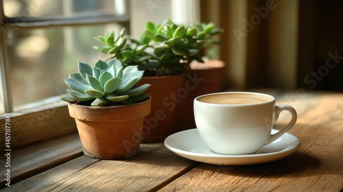 Wallpaper Mural Cozy windowsill with coffee and succulents Torontodigital.ca