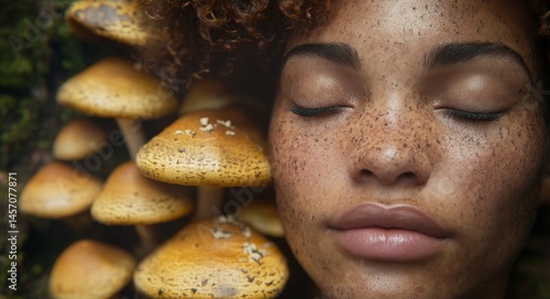 A young female of Asian descent is examining mushrooms while in a forest
