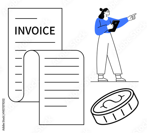 Invoice and receipt with coin icon beside a woman holding a tablet, symbolizing financial management, payment, accounting, budgeting, digital business, service billing, and simple landing page