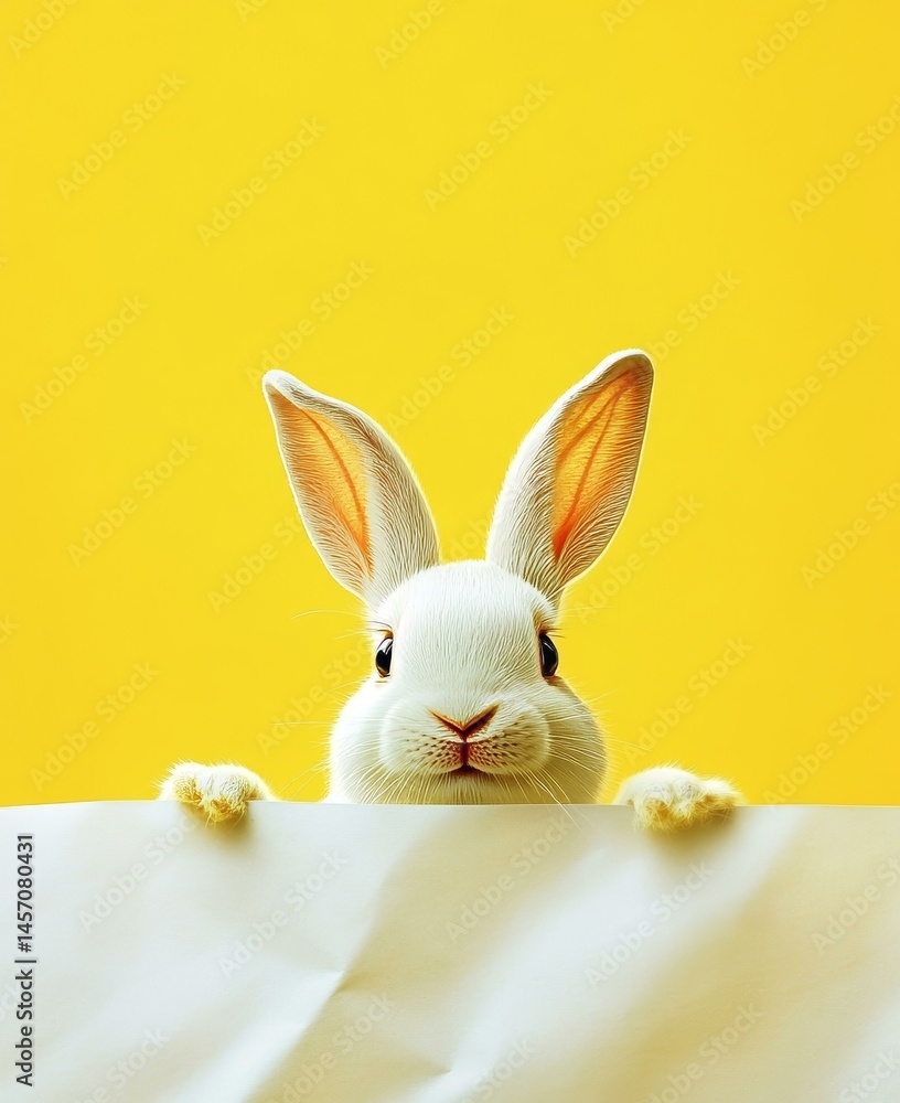Obraz premium Cute White Rabbit Behind Blank Sign