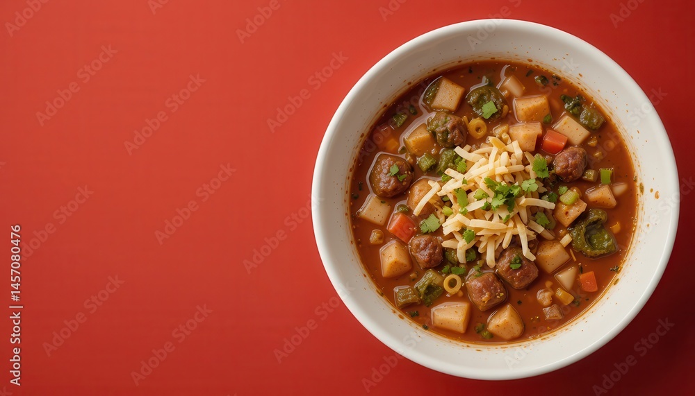 Hearty meat stew in a white bowl on a red surface. Hearty meat stew in a white bowl on a red surface.