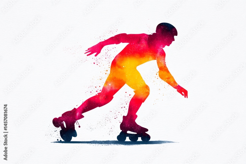 Obraz premium Rollerblading Watercolor Silhouette - A vibrant watercolor silhouette of a person rollerblading, dynamic pose, active lifestyle