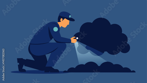 Inspecting a Nearby Bush An officer kneels next to a bush using a flashlight to search for any hidden items while the light casts a shadow around them.