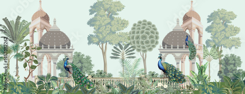 Mughal wall Mural Illustration, Mughal Garden Illustration, Peacock, Arch, Mughal Dome.