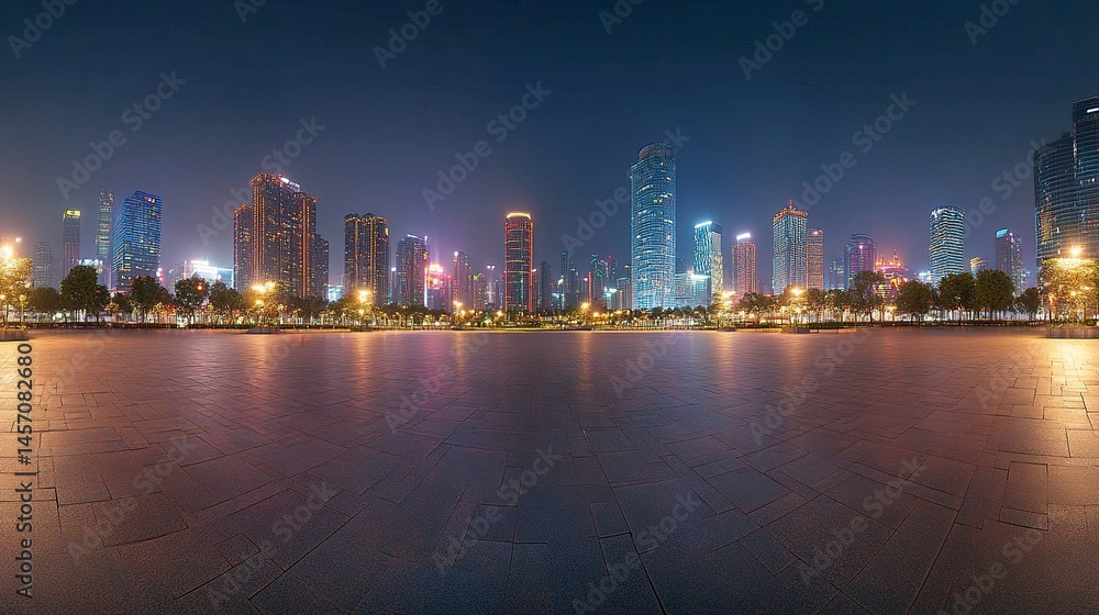 Fototapeta premium Illuminated Chongqing skyscrapers panoramic nightscape asphalt road square glowing reflections vibrant urban energy clean perspective. 
