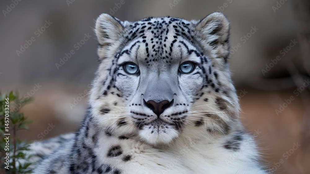 Naklejka premium A stunning portrait of a snow leopard with piercing blue eyes, captivating viewers. This majestic creature exudes a sense of power and beauty.