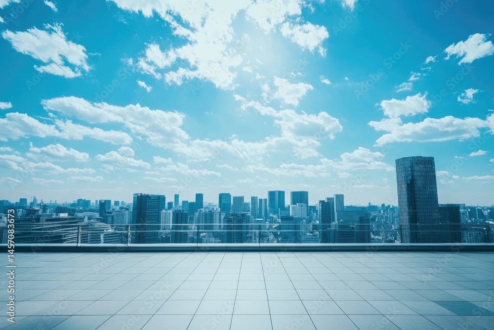 Cityscape panorama from an empty rooftop terrace on a sunny day. Urban skyline stretches out under a vivid blue sky, dotted with fluffy white clouds. A paved plaza occupies the foreground Cityscape panorama from an empty rooftop terrace on a sunny day. Urban skyline stretches out under a vivid blue sky, dotted with fluffy white clouds. A paved plaza occupies the foreground