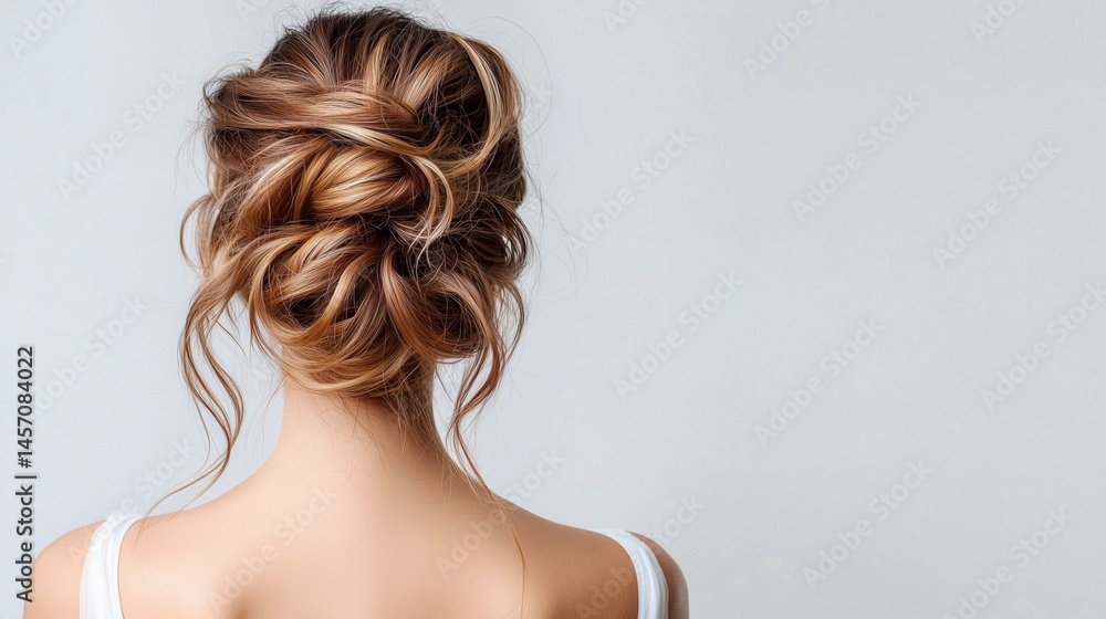 Fototapeta premium A woman with elegantly styled hair, beautiful updo, viewed from the back against a simple, light background.