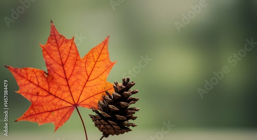 Autumn's embrace: A vibrant orange maple leaf and a pine cone.