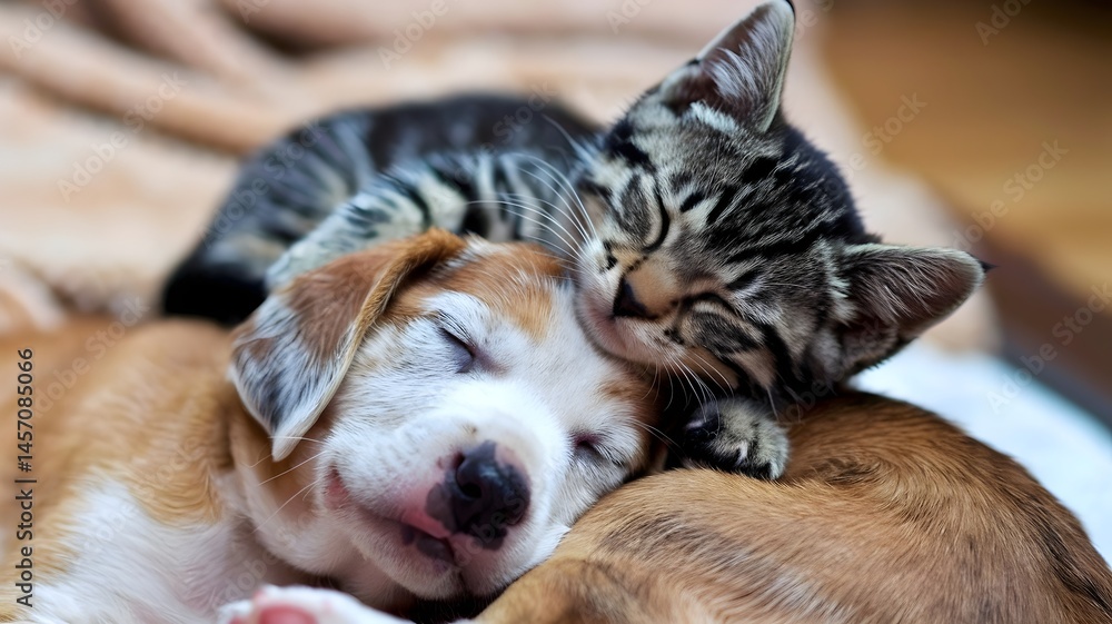 Obraz premium A sleeping kitten resting on top of a sleeping puppy, embracing each other with comfort and warmth