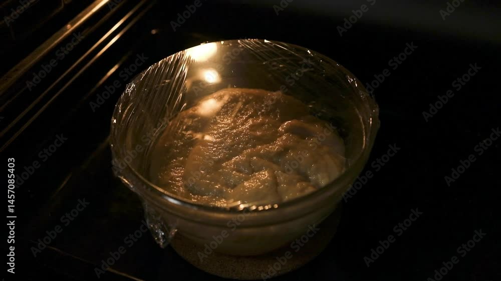 Close-up of yeast dough rising in a glass bowl covered with plastic wrap, placed inside an oven for proofing. A traditional baking step ideal for culinary videos, artisan recipes, and food blog Close-up of yeast dough rising in a glass bowl covered with plastic wrap, placed inside an oven for proofing. A traditional baking step ideal for culinary videos, artisan recipes, and food blog