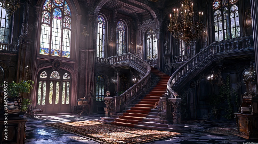 Fototapeta premium Lavish castle-like residence featuring grand staircases, ornate stained-glass windows, and tall chimneys bathed in diffused sunlight wide-angle frontal view. 