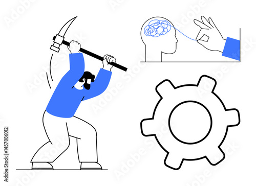 Man swinging pickaxe, brain with thread being adjusted, and gear symbolizing effort, focus, and mechanics. Ideal for creativity, innovation, problem-solving, productivity engineering motivation