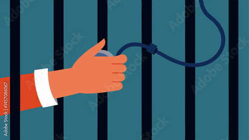 Inside the Cell A closeup of a prisoners hand reaching through the bars holding a piece of wire that is being used to manipulate a lock.