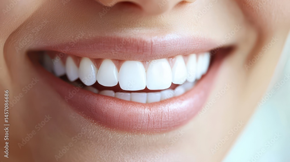 Perfectly aligned white teeth in a bright smile with glowing skin and soft light in a clean dental office background Perfectly aligned white teeth in a bright smile with glowing skin and soft light in a clean dental office background