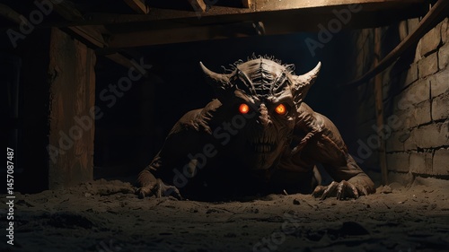 A horned creature with glowing eyes emerges from a dark and confined space near brick walls
