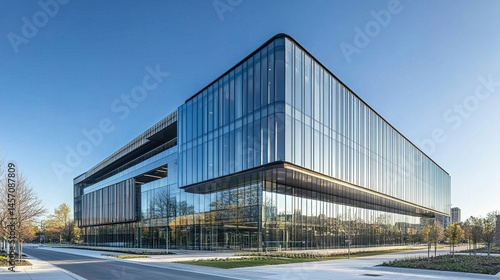 Wallpaper Mural Low-angle view of a sleek modern building with reflective glass facade sharp lines vibrant blue sky clean urban aesthetic.  Torontodigital.ca