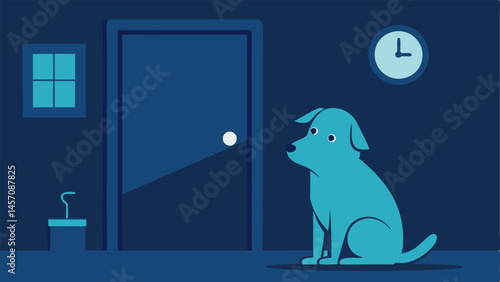 Anxious Pet A pet like a dog looking anxious with a clock showing nighttime waiting by an office door showing how a workers availability affects family and pet relationships.