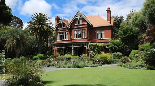 Beautiful mansion surrounded colorful garden landscape reflecting water pathway spring bloom scenic luxury image