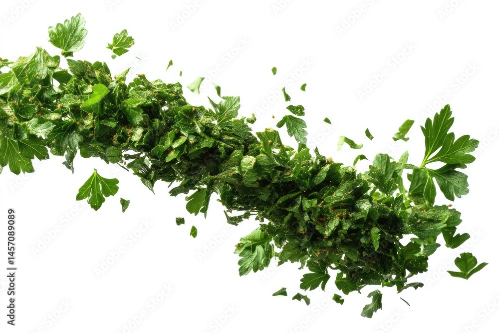 Obraz premium Dried parsley flakes flying on a white surface, isolatedChopped leaves of parsley seasoning floating on white