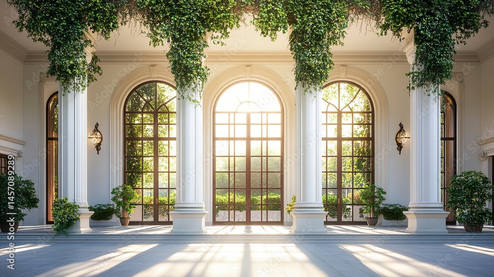 Fototapeta premium Luxurious boarding school with tall arched windows ornate columns and ivy-covered walls set against a pure white background soft natural lighting front-facing wide-angle view. 