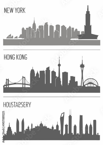 Stunning skylines of New York Hong Kong and Houstapsery iconic cityscapes in grayscale silhouette simple elegant design