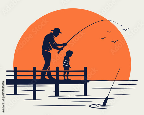 Silhouette of father and son fishing at sunset a heartwarming scene of bonding and shared experience Bold shapes strong