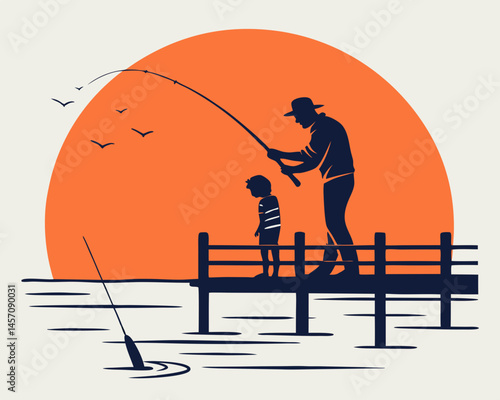 Father and Son Silhouette Fishing at Sunset a heartwarming scene of bonding and shared moments on a tranquil dock with