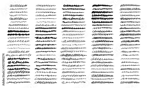 One hundred twenty wavy lines and random zigzags of various shapes and thicknesses. Doodles and squiggles. Vector set