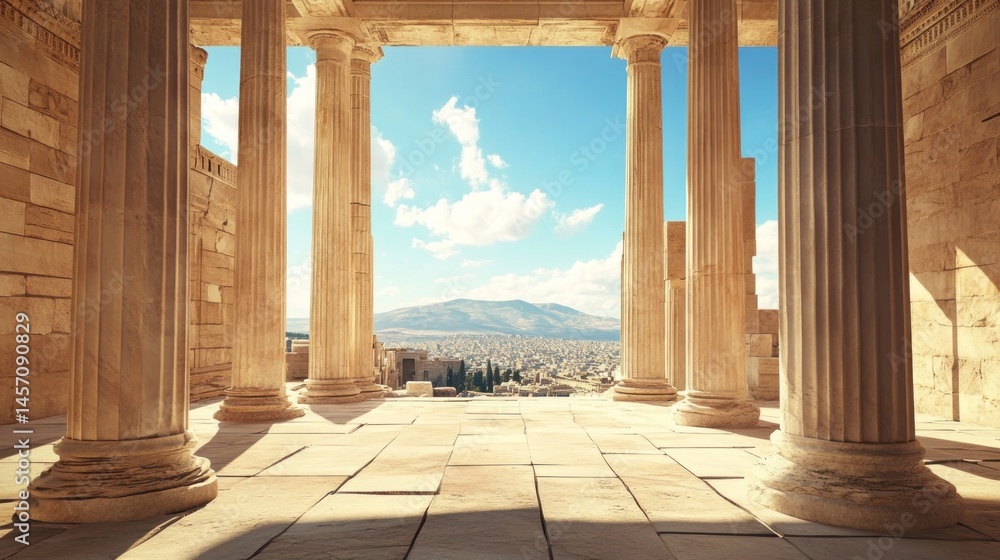 Fototapeta premium Ancient columns, sunlight, city view