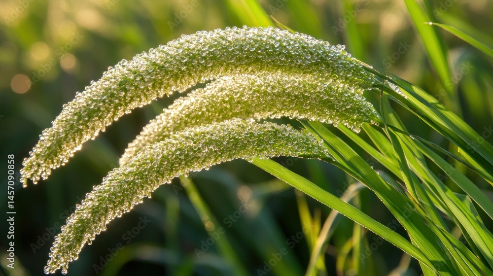 Dew covered grass heads shining brightly in natural sunlight Dew covered grass heads shining brightly in natural sunlight