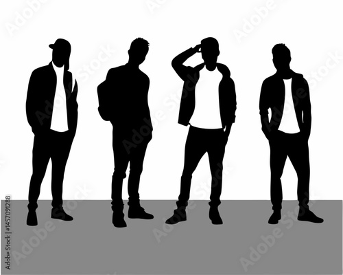 Four Stylish Men Silhouettes Bold Outlines High Contrast Graphic Design Minimalist Style Fashion Illustration Vector Art
