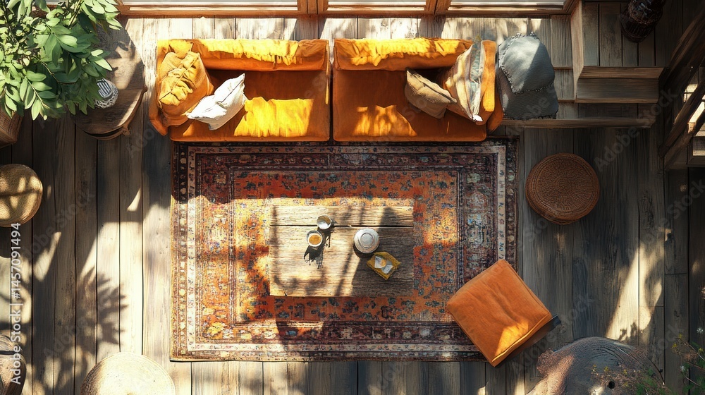 An overhead view of a cozy living room scene An overhead view of a cozy living room scene