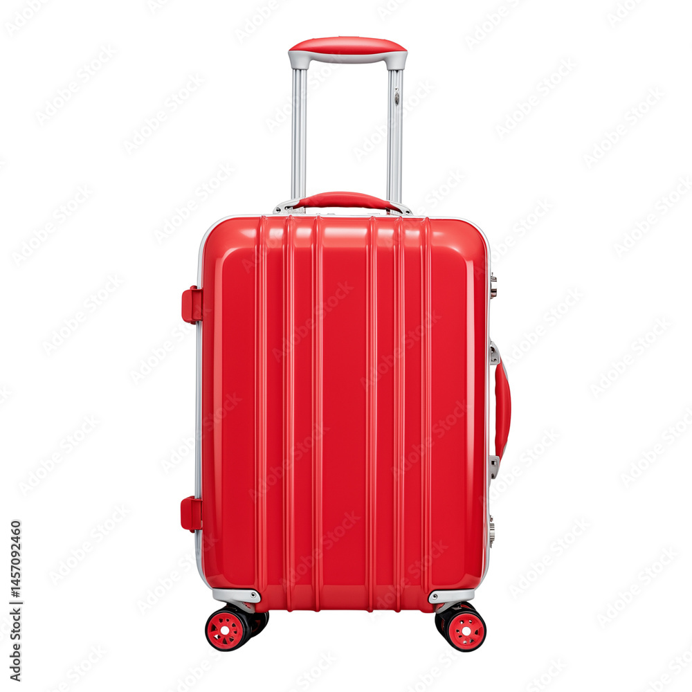 Red suitcase with wheels and retractable handle on a white background Red suitcase with wheels and retractable handle on a white background