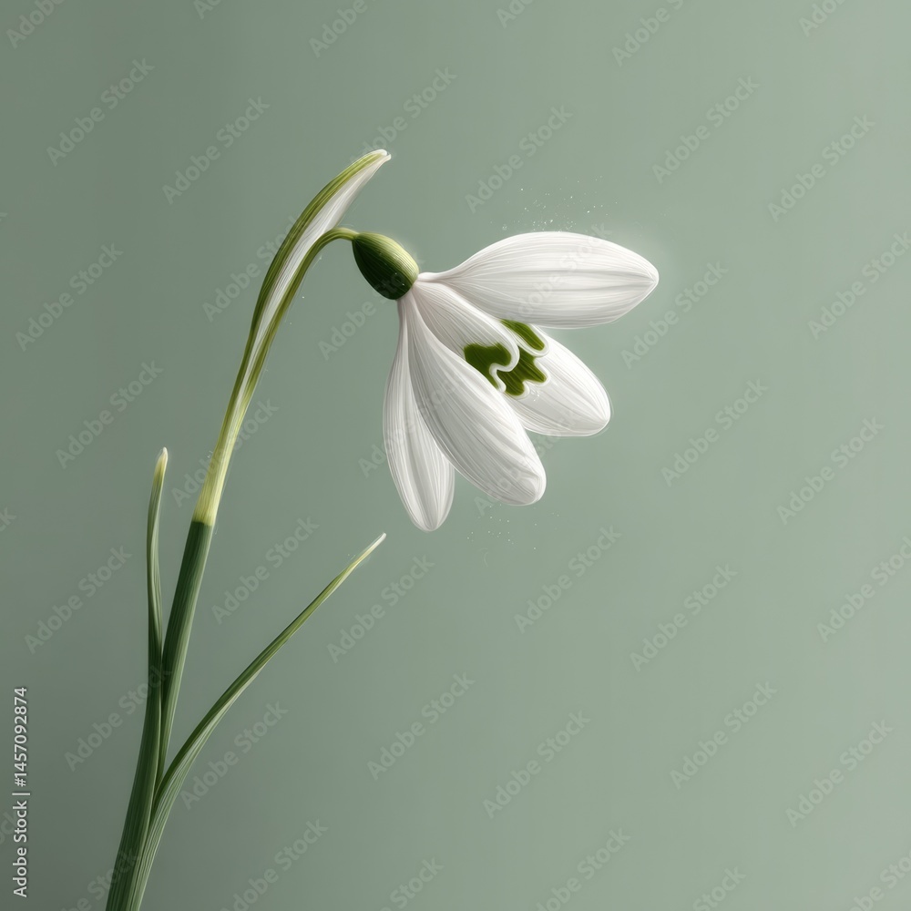 Fototapeta premium Elegant Snowdrop Flower on Sage Green Background, Minimalist Botanical Illustration