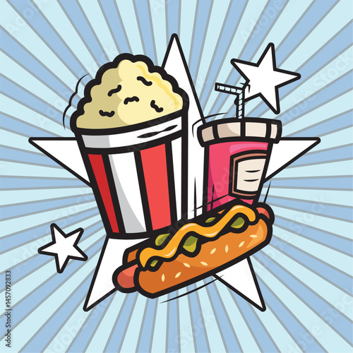 Popcorn hotdog soda burst. Vector