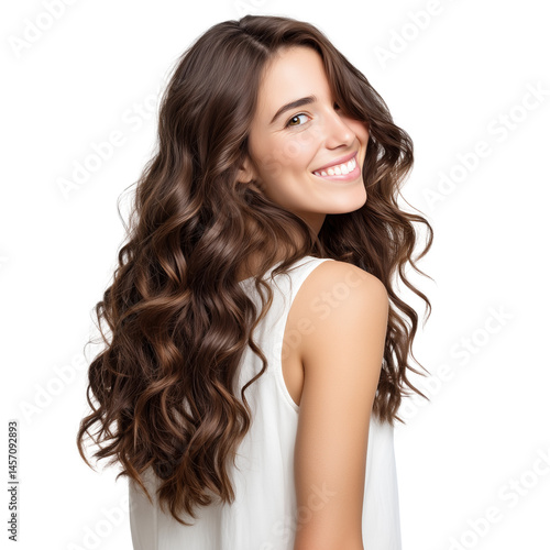 Portrait of a woman with long wavy hair, smiling over her shoulder on a white background