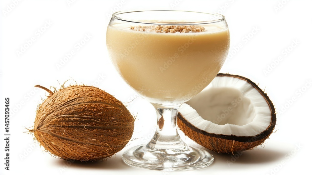 Creamy Coconut Smoothie in Glass with Fresh Coconuts Creamy Coconut Smoothie in Glass with Fresh Coconuts