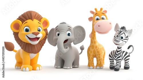 Fototapeta Naklejka Na Ścianę i Meble -  Cartoon animals arranged in a group, joyful expressions.