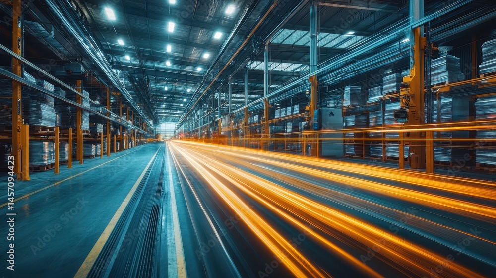 Dynamic light trails in modern industrial warehouse with advanced logistics and storage Dynamic light trails in modern industrial warehouse with advanced logistics and storage