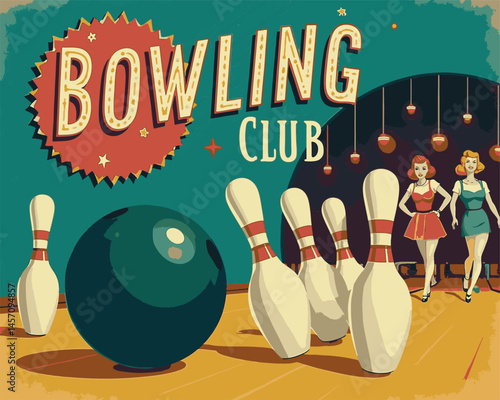 The vibrant interior of a bowling club showcases a colorful sign. Two women in stylish outfits enjoy a fun evening, with a bowling ball and strategically placed pins in view.