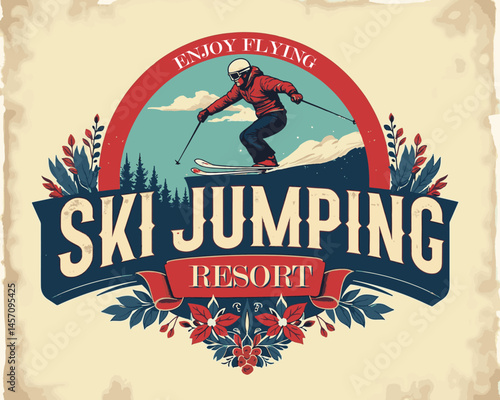 A skilled skier performs a jump against a stunning backdrop of trees and a bright sky at a winter resort. The moment captures the thrill of ski jumping.