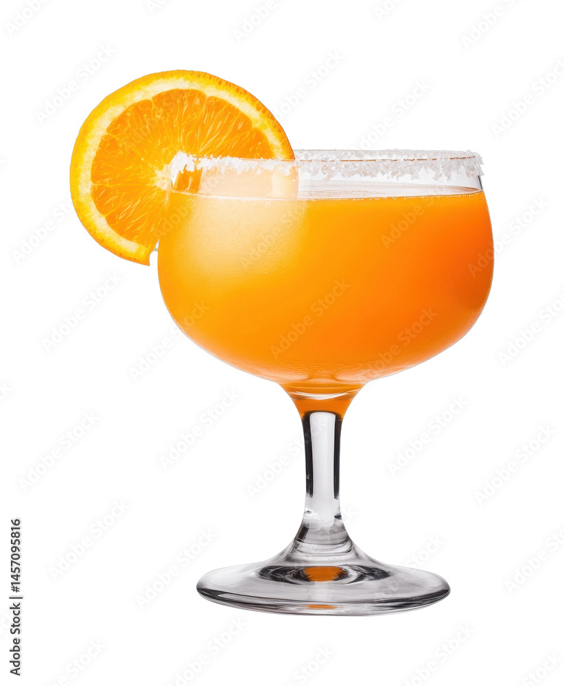 Refreshing orange cocktail with sugar rim and sliced garnish in elegant glass, cut out - stock png. Refreshing orange cocktail with sugar rim and sliced garnish in elegant glass, cut out - stock png.