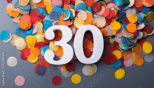 Number 30 with confetti. Photo for thirtieth birthday or anniversary party